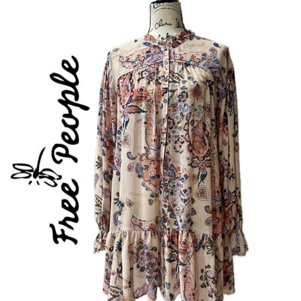 FREE PEOPLE DRESS IBIZA NIGHTS CHIFFON RUFFLE SZ XS FLOWY FAIRYTALE OATMEAL CORE